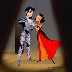 an animated image of a man and woman dressed as knight and princess kissing in front of a spotlight