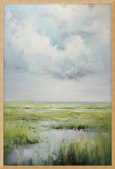 an oil painting of green grass and water under a cloudy sky with clouds above it