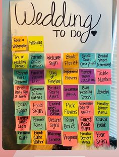 a wedding to do list on a bulletin board with sticky notes pinned to the wall