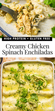 chicken and spinach enchiladas in a white casserole dish Chicken And Spinach Enchiladas, Healthy Baked Chicken Breast, Spinach Enchiladas, Peach Recipes, Meal Train Recipes, Enchiladas Recipe, Date Night Recipes, Chicken And Spinach, Food Freedom