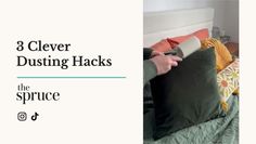 a person laying on a bed with pillows and the words 3 clever dustin hacks