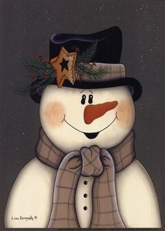 a snowman wearing a top hat and scarf with a star on his forehead, standing in front of a black background