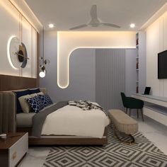 a bedroom with a bed, desk and television on the wall next to a window