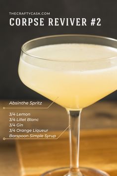 a cocktail in a coupe glass with ingredients labeled on the side and text describing how to serve it