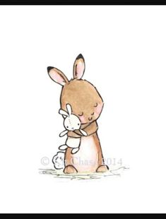 a drawing of a bunny holding a stuffed animal in the water with it's eyes closed