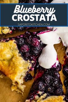 blueberry crostaa pie on a cutting board with the text, blueberry crostaa