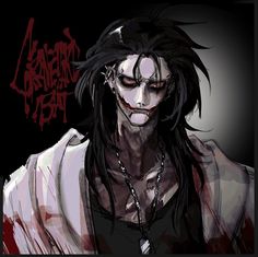 a man with long black hair and blood on his face