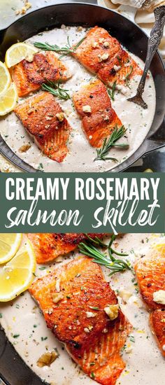 creamy rosemary salmon skillet with lemons and herbs