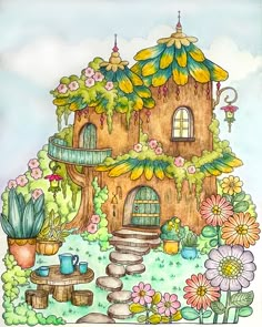 a drawing of a house in the middle of flowers and rocks with plants growing out of it