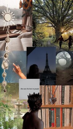 a collage of photos with people and trees in the background, including bookshelves