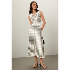 White stripes (Lower main fabric: 80% viscose, 20% polyamide, Upper main fabric: 52% viscose, 45% polyamide, 3% elastane). Shirt dress. Sleeveless. V-neck. Pull on. 50" from shoulder to hemline. Imported. Chic Striped Dresses For Day Out, Striped Fitted V-neck Dress, Striped Sleeveless Fitted Maxi Dress, Spring Striped Sleeveless Midi Dress, Striped Sleeveless Midi Dress For Spring, Fitted Sleeveless Striped Maxi Dress, Striped V-neck Maxi Dress For Spring, Chic Striped Maxi Dress, Chic Striped Lined Midi Dress