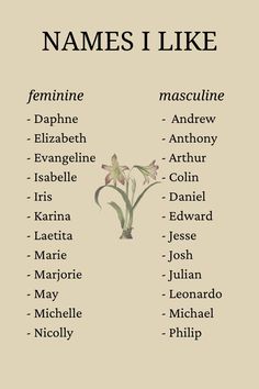 names i like:
feminine: daphne, elizabeth, evangeline, isabelle, iris, karina, laetita, marie, marjorie, may, michelle and nicolly
masculine: andrew, anthony, arthur, colin, daniel, edward, jesse, josh, julian, leonardo, michael and philip. Name For Wattpad Stories, Popular Names In The 60s, Boarding School Name Ideas, Fantasy Story Name Ideas, Fem Names Aesthetic, Cute Fairy Names, Character Name Ideas Girl, Names For Books Ideas, Names I Adore Coquette