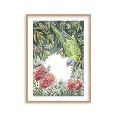 a green parrot sitting on top of a tree branch next to pink flowers and leaves