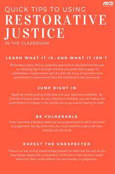 an orange poster with the words restorative justice in the classroom on it's side