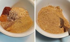 two pictures showing different types of spices in a bowl