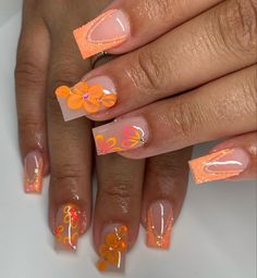 Short French Tip Acrylic Nails Orange, Acrylic Nail Designs Square Orange, Orange Nails With 3d Flowers, Orange Flower Acrylic Nails, Orange Nails 3d Flowers, Nail Drawing, Acrylic Nail Set