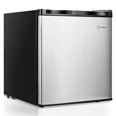 a small silver and black refrigerator on a white background