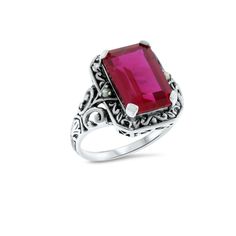 Vintage Estate 5.50 Carat Lab Created Ruby Filigree Ring. Pearl Accent Stones. 925 Solid Sterling Silver. Stamped 925. Excellent Condition/Like New. Classic Red Birthstone Ring, Elegant Red Sterling Silver Ring, Classic Ruby Ring For Valentine's Day, Classic Red Rings For Valentine's Day, Valentine's Day Classic Ruby Ring, Elegant Red Ruby Ring In Sterling Silver, Classic Silver Ruby Ring For Valentine's Day, Ruby Ring Stamped 925 For Promise, Red Ruby Ring With Accent Stones In Sterling Silver