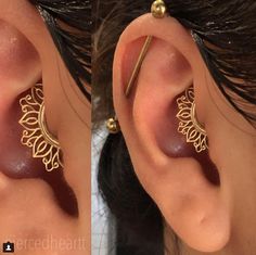 two pictures of the same ear with gold filigrees on each one side