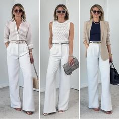 White Wide Leg Pants Outfit, Teachers Outfits, Muted Summer, Cream Wide Leg Trousers, Wide Leg Trousers Outfit, Ig Bio, Casual Work Outfits Women, Outfits For Summer, Wardrobe Capsule