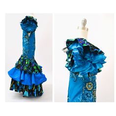 "Amazing one of a kind late 80s/early 90s Blue tropical print gown made for the stage!! * Bodice is covered in gold and blue embroidered tulle with sequin accents * Fabulous ruffle layered sleeves with tons of volume * Sleeves and skirt with layers of tropical print spandex, bright blue taffeta, and netting * Side zip closure * super fun for 80s party or the stage! Way over the top and a fantastic 80s dress!! Custom made in the late 80s/early 90s Fits like a XXS XS 100% polyester Condition: Very Fitted Blue Gown With Ruffles, Blue Bohemian Fitted Gown, Blue Fitted Bohemian Gown, Fitted Bohemian Blue Gown, Blue Floor-length Gown With Ruffles, Blue Maxi Gown With Ruffles, Blue Summer Gown With Ruffles, Blue Ruffled Gown For Summer, Blue Ruffled Maxi Length Gown