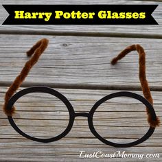 a harry potter glasses made out of fake hair and eyeglasses with text overlay that reads, harry potter glasses