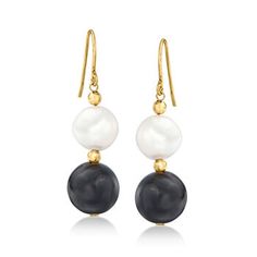 Ross-Simons - 11-11.5mm Cultured Pearl, Black Onyx Bead Drop Earrings in 14kt Yellow Gold. Pretty pearls meet the dark, dramatic sparkle of black onyx. These earrings take the popular black and white palette to bold new proportions. Set with 11-11.5mm cultured freshwater pearls atop 12mm round black onyx beads. Hanging length is 1 1/2". 14kt yellow gold. Earwire, black onyx and white pearl drop earrings. Pearl birthstones are the perfect gift for June birthdays. Classic Onyx Round Bead Jewelry, Classic Black Pearl Drop Earrings, Onyx And Pearl Earrings, Pierced Onyx Drop Earrings, Luxury Onyx 8mm Beads Jewelry, Keshi Pearl Earrings, Black Onyx Earrings With Polished Finish, Emerald Earrings Drop, Opal Drop Earrings