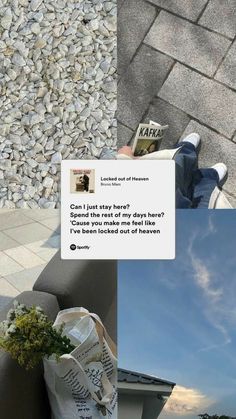 a person sitting on top of a bench next to a pile of bags and flowers