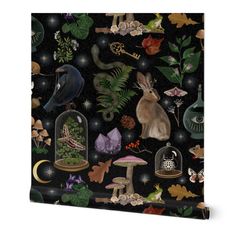 an image of a wallpaper with animals and plants on it's black background