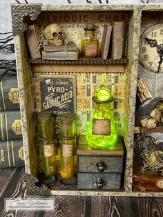 an old fashioned book shelf with bottles and books