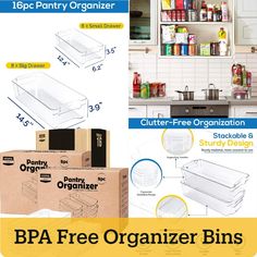 an ad for the pantry organization bins and other items in their packaging boxes are shown