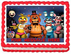 a birthday cake decorated with five cartoon characters and the words your message here on it