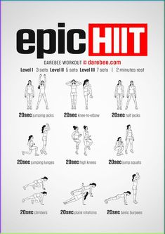 Epic HIIT is a Darebee home-fitness workout that uses a three-minute long set of exercise to take your heart rate and lung capacity to new levels. 30 Min Hiit Workout, Agility Workouts, Summer Body Workout Plan, Hiit Workouts For Beginners, Hiit Workout At Home, Full Body Hiit Workout, Hiit Training, Hiit Cardio, Body Workout Plan