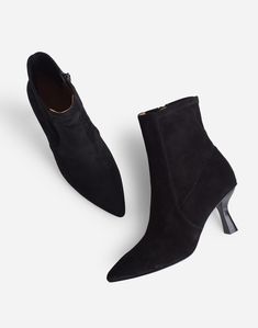 With a chic pointed toe, stretchy back and modern sculpted heel, these suede ankle boots makes a subtle statement paired with everything from a swishy maxi to structured trousers. Plus, our MWL Cloudlift Lite padding makes it feel like you're walking on a...well, you know.2 3/4" heel.Leather upper.Leather lining.Man-made sole.Imported.Madewell.com only. Sew Tips, Shoe Hacks, Women Heel Boots, Shoes Hack, Ankle Sandals, Black Suede Booties, Hem Jeans, How To Make Shoes, Ankle Bones