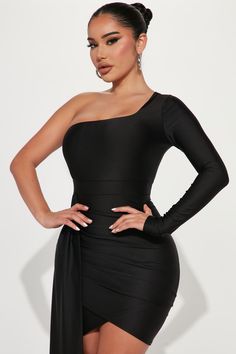 Available In Royal, Black, And Hunter. Mini Dress One Shoulder Long Sleeve Drape Detail Stretch 85% Polyester 15% Spandex Imported | Waiting For Ur Love Mini Dress in Black size Medium by Fashion Nova Dress One Shoulder Long, Date Night Fashion, Dresses Fashion Nova, Dress One Shoulder, Aesthetic Collage, Dress First, Mini Black Dress, Date Night, Fashion Nova