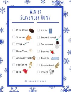 a winter scavenger hunt with snowflakes on the background and blue frame