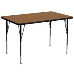 a rectangular wooden table with metal legs on an isolated white background for use as a classroom desk