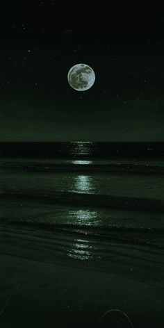 the moon is shining over the ocean at night