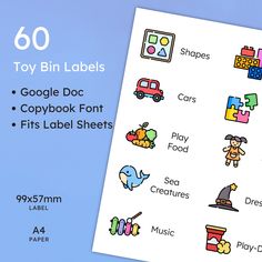 the toy bin labels are displayed on a blue background with white text and colorful images