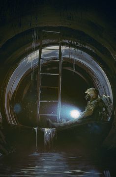 a man holding a flashlight in front of a dark tunnel with icicles on it