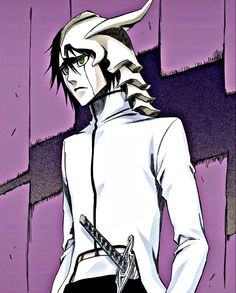 an anime character with long hair and horns on his head, wearing a white shirt