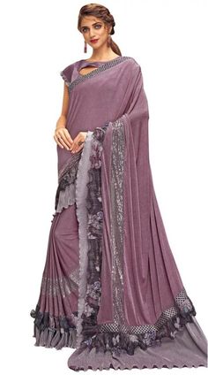 Purple Fancy Lycra Party Wear Saree Fitted Satin Pre-draped Saree For Party, Purple Fitted Saree For Party Wear, Luxury Purple Pre-draped Saree For Party, Fitted Raw Silk Saree For Party Wear, Purple Fitted Party Wear Saree, Unstitched Purple Saree For Celebration, Fitted Satin Saree For Party Wear, Elegant Fitted Purple Saree, Purple Silk Pre-draped Saree For Party