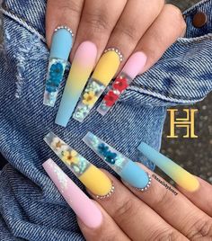 Colorful Nails, Cute Acrylic Nail Designs, Long Acrylic Nails Coffin, Nail Swag, Uñas Acrilicas, Pink Nail, Yellow Nails, Luxury Nails