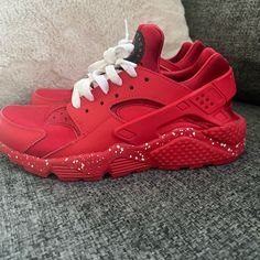 Brand New - Custom Nike Air Huaraches In Red W/ Unique Rims. In Perfect Condition. Only Worn To Try On. No Longer Needed Nike Air Hurache, Nike Red Sneakers With Speckled Midsole, Red Nike Sneakers With Speckled Midsole, Red Slip-on Sneakers With Speckled Midsole, Red Speckled Midsole Slip-on Sneakers, Nike Shoes Custom, Gray Shoes Women, Jordan Retro 7, Womens Basketball Shoes