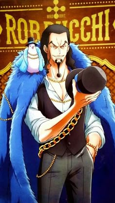 an image of a man with a hat and chain around his neck holding a penguin