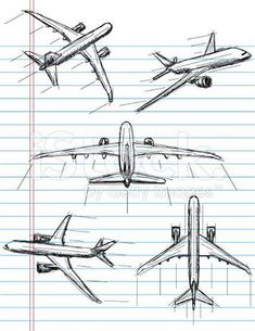 four different types of airplanes are shown in this hand - drawn sketch on lined paper