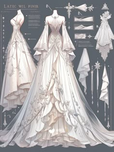 an illustrated drawing of a wedding dress and accessories for the bride's gowns