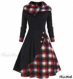 Olivia Mark - Plaid Patchwork Hooded High Neck Dress Vintage Midi Dresses, Black Checkered, Hooded Dress, Vestidos Vintage, Pleated Midi Dress, Gothic Dress, Dresses By Length, Midi Dress Sleeveless, Long Sleeve Midi Dress