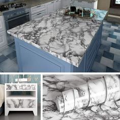 a kitchen with blue and white marble countertops next to a stove top oven in a kitchen