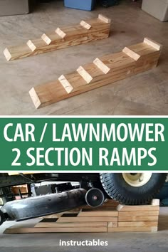 some wooden ramps are sitting on the floor in front of a truck and another vehicle